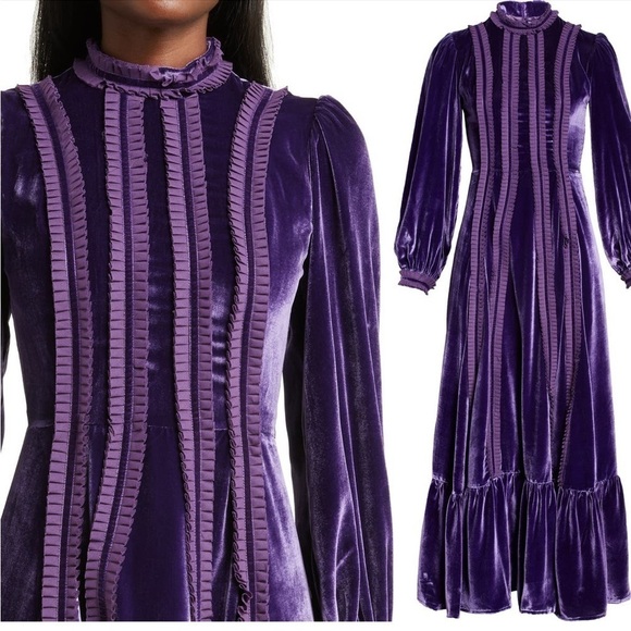 LISOU Gig Ruffle Long Sleeve violet purple Velvet Dress 6 NWT - Picture 3 of 14